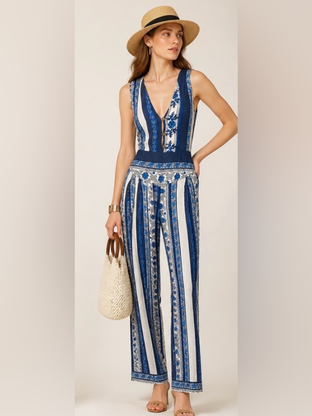 FREE PEOPLE Jumpsuit All Shook Up Hippie Boho V Neck Tie Blue White Crepe 4